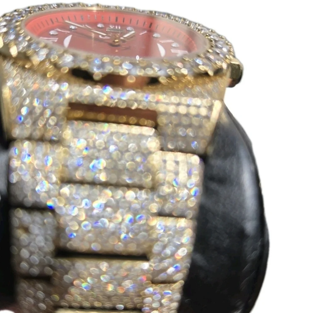 GLD Gold Iced Out 42MM Fully Iced Alpha Era® w/Diamond Prong Link Band /Red Face - Picture 4 of 12